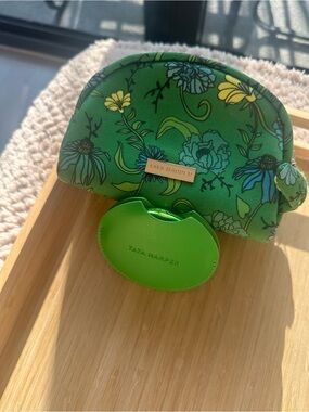Tata Harper Green Floral Cosmetic Pouch with Lime Compact